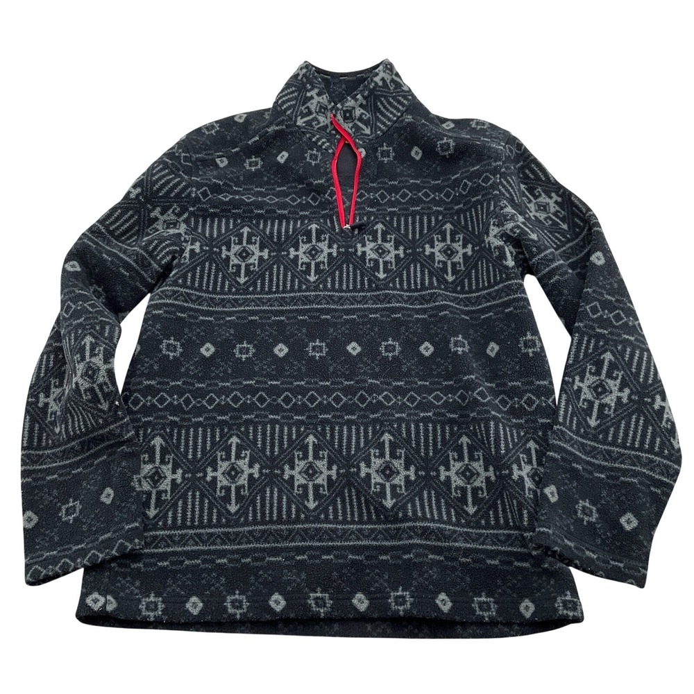 GH Bass Co Pullover Men Medium Black Gray Fair Isle Fleece 1/4 Zip Casual Ski